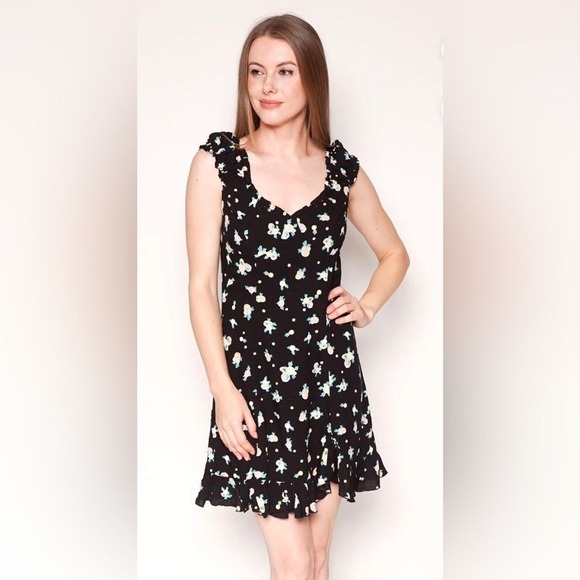 Free People Dresses & Skirts - Free People Black‎ Like A Lady Black Citrus Ruffle Floral Tie Back Mini Dress M